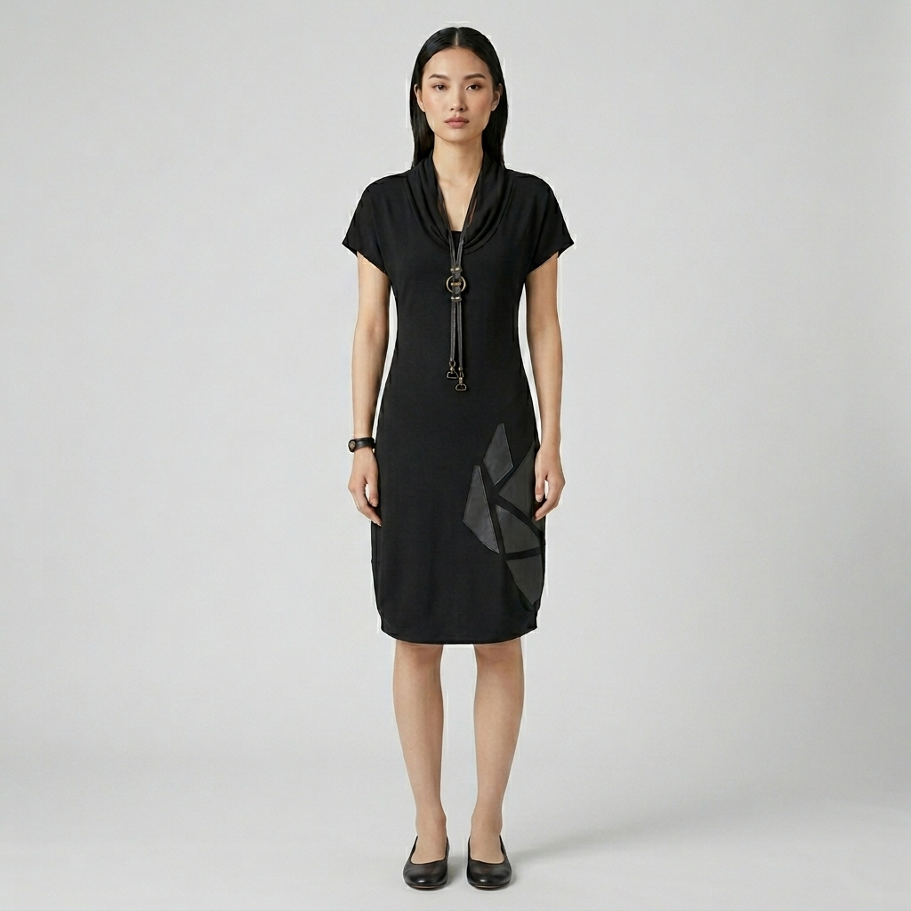 Cotton Bell Dress with Leather Patches