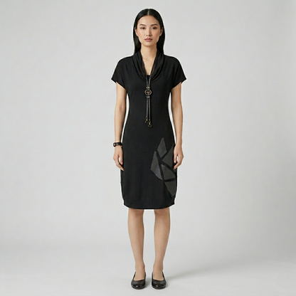 Cotton Bell Dress with Leather Patches